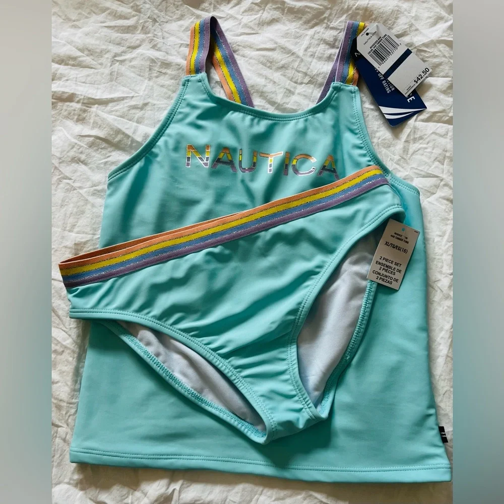 Nautica Girls' Two-piece Swimsuit Set Aqua Blue with Rainbow Striped Straps XL